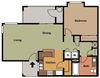 One Bedroom Floor Plan Living/Dining area - Kitchen Pantry closet - Patio - Laundry in Hallway and 2 closets- Bathroom - Bedroom sliding door closet